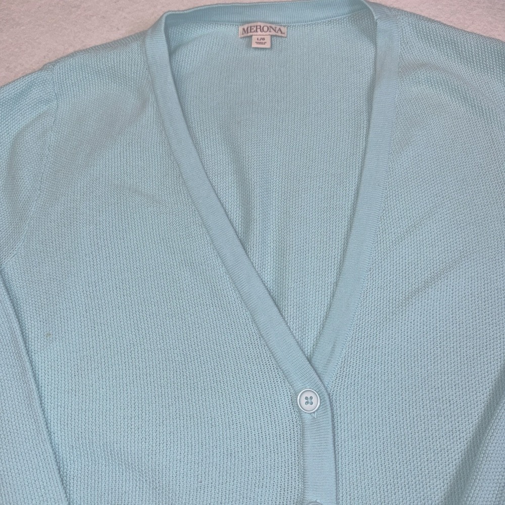 Merona Women's Large Aqua Blue Button Front Cardigan Sweater Cotton Knit L - Picture 1 of 9